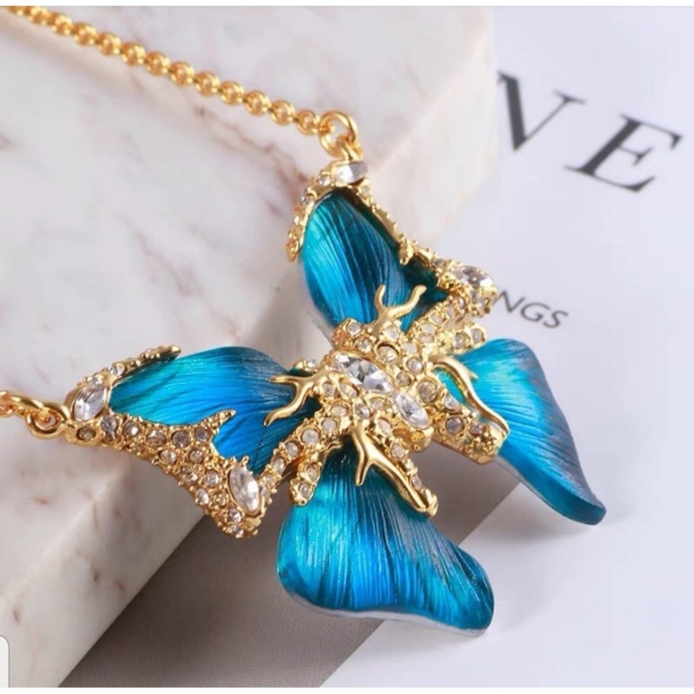 Alexis Bittar Blue and Gold Butterfly Pendant Necklace